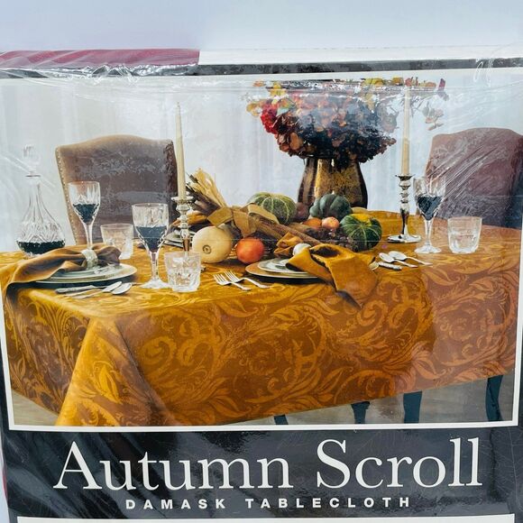 Fall Style Autumn Scroll Wine Cranberry Damask Oblong Oval Tablecloth 60” x 84” - Picture 7 of 8